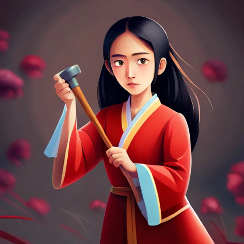 Brave and determined Chinese girl, wearing red clothes holding a toy hammer, surrounded by toy tools