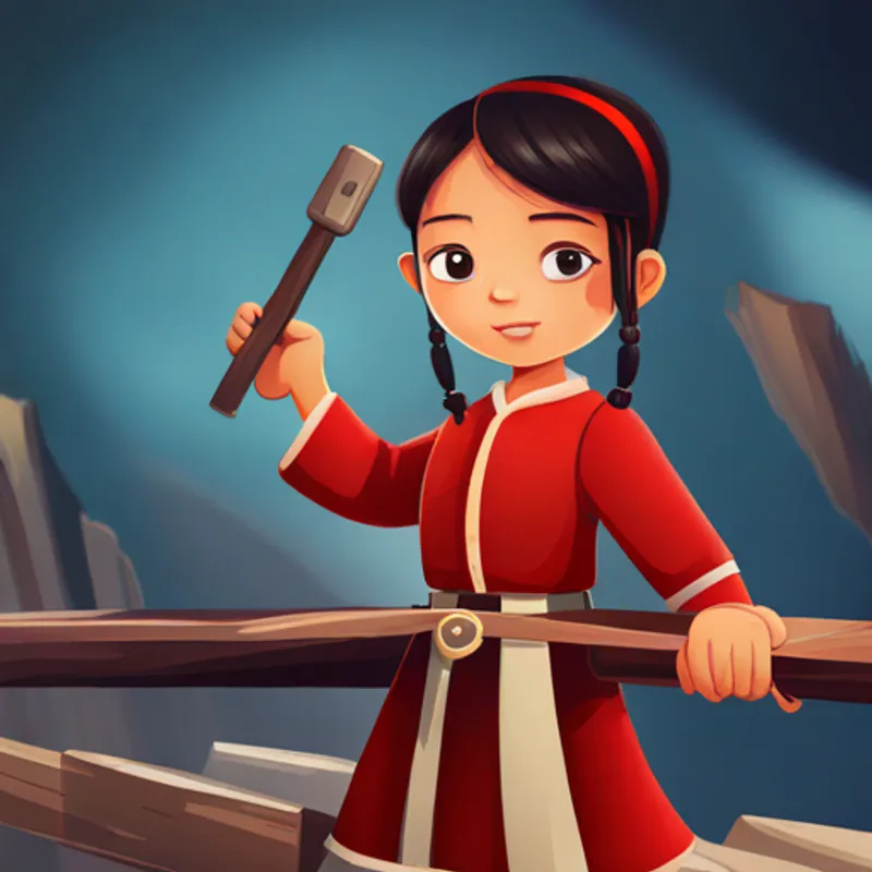 Brave and determined Chinese girl, wearing red clothes wearing a tool belt, sawing wood with determination