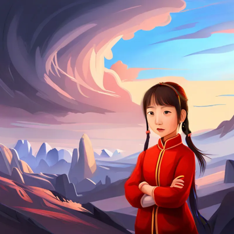 Brave and determined Chinese girl, wearing red clothes standing proudly next to her firetruck creation