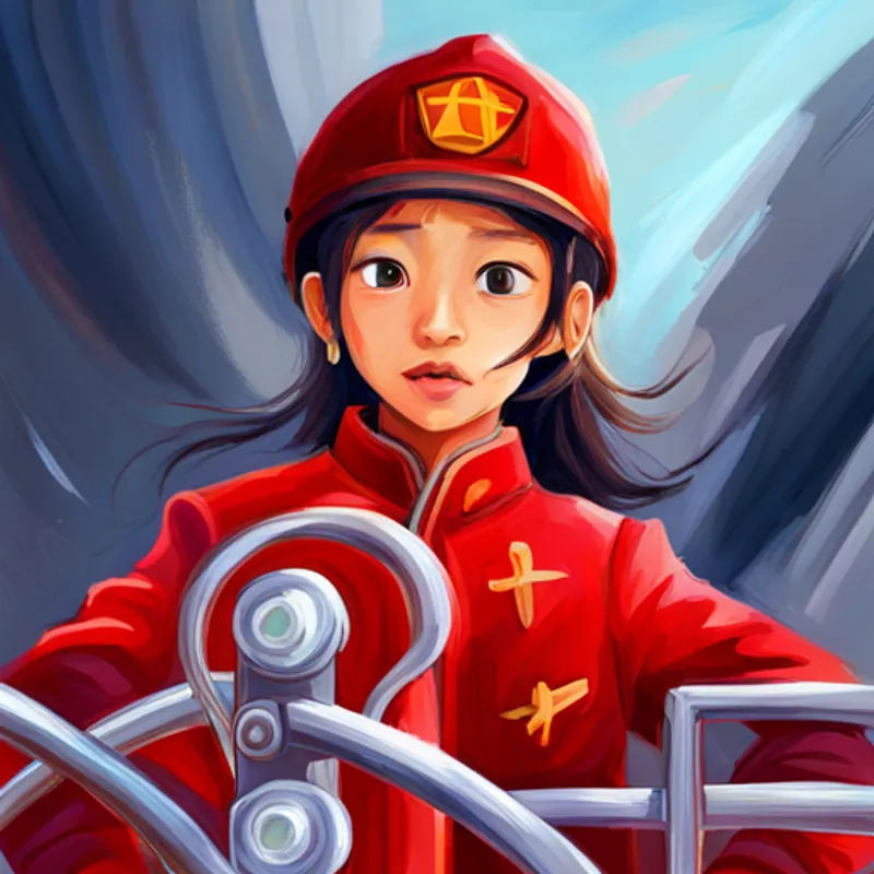 Brave and determined Chinese girl, wearing red clothes driving her firetruck with excitement
