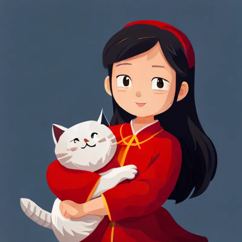 Brave and determined Chinese girl, wearing red clothes holding the rescued cat with a smile