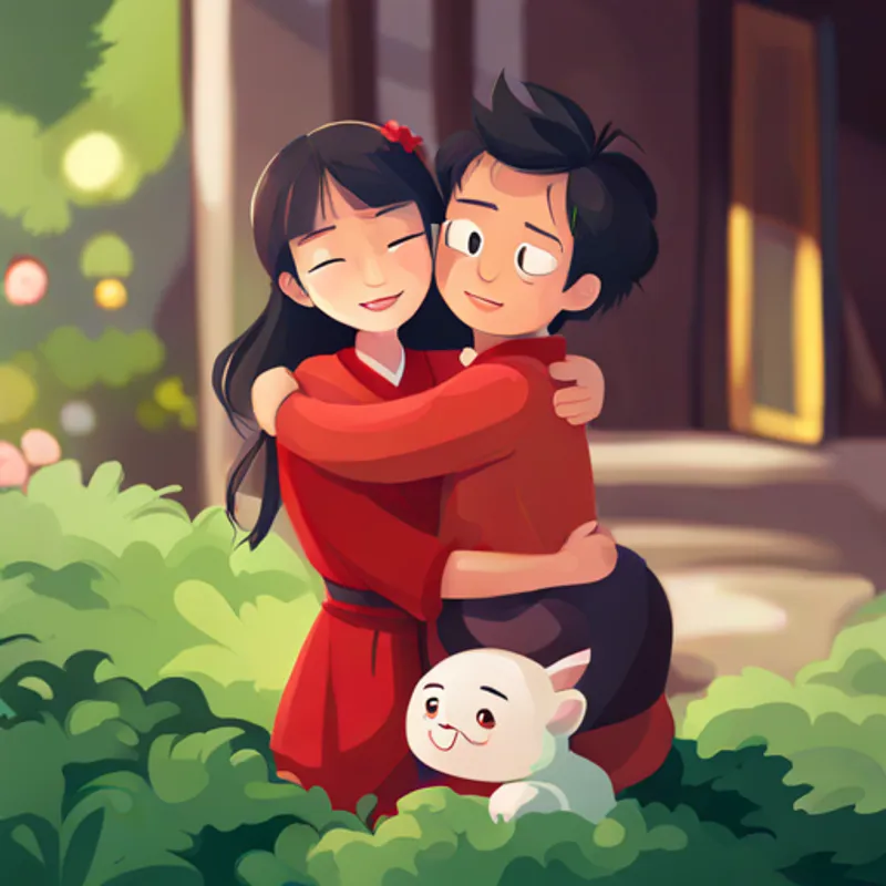 Brave and determined Chinese girl, wearing red clothes and her neighbor hugging and smiling