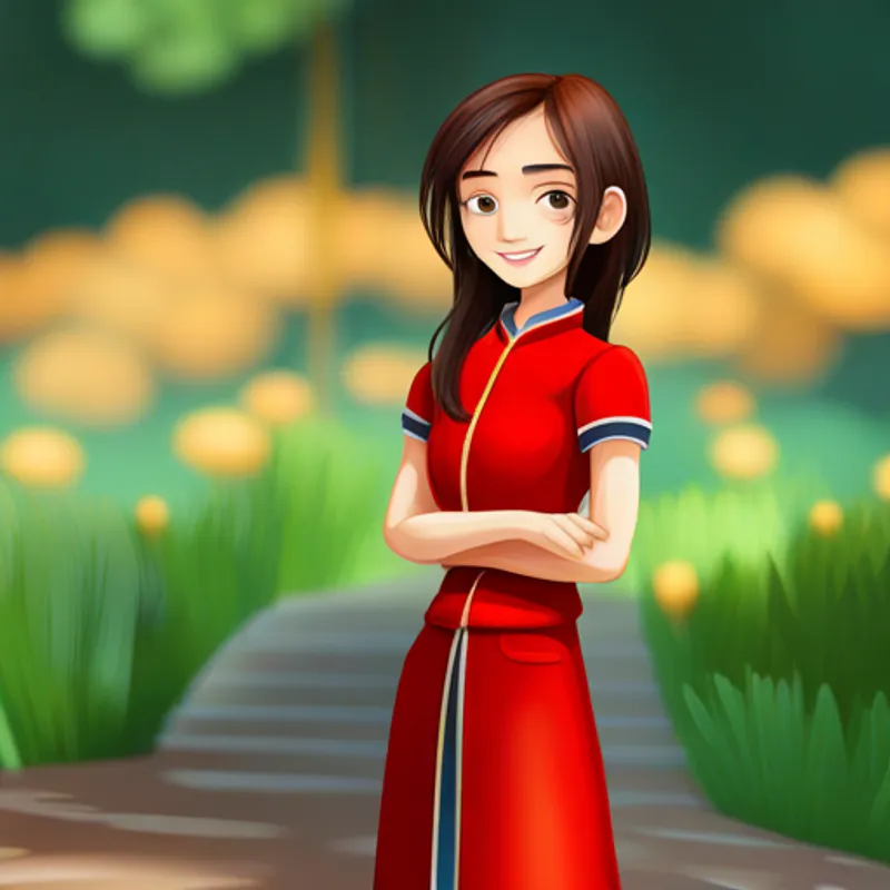 Brave and determined Chinese girl, wearing red clothes standing tall, hands on hips, smiling proudly
