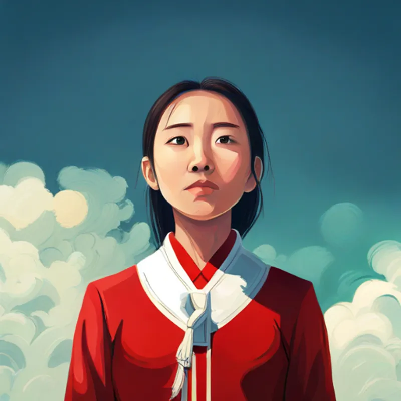 Brave and determined Chinese girl, wearing red clothes looking up at the sky with confidence