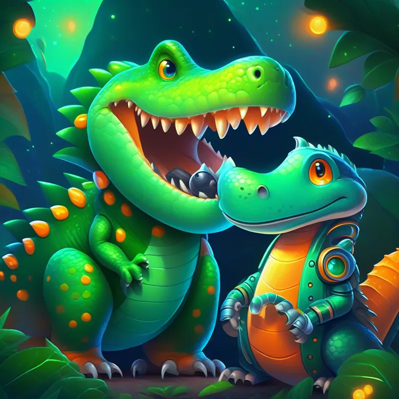 A friendly dinosaur with green scales and a contagious smile and A clever robotic mouse with silver metal and glowing blue eyes meeting, green and orange colors, space background