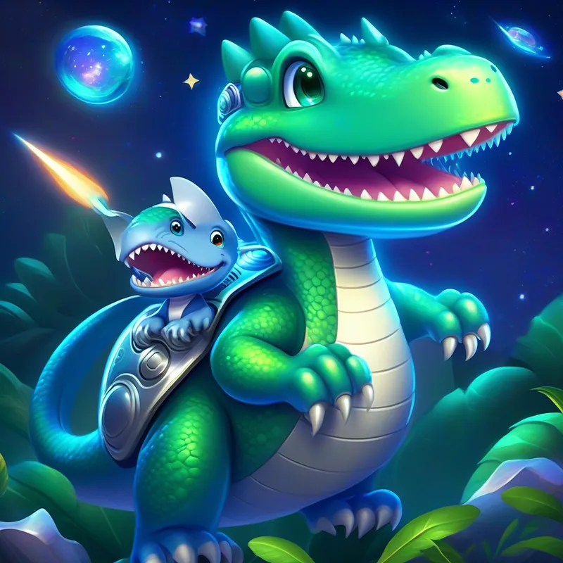 A friendly dinosaur with green scales and a contagious smile and A clever robotic mouse with silver metal and glowing blue eyes flying their spaceship, blue and silver colors, stars