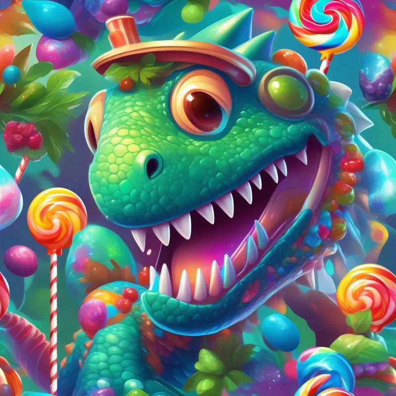 A friendly dinosaur with green scales and a contagious smile and A clever robotic mouse with silver metal and glowing blue eyes on Planet Lollipop, vibrant colors, candy and chocolate