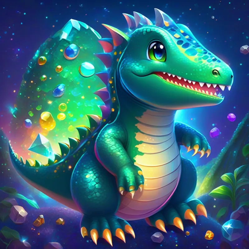 A friendly dinosaur with green scales and a contagious smile and A clever robotic mouse with silver metal and glowing blue eyes on Planet Glitter, shimmering colors, sparkling gems