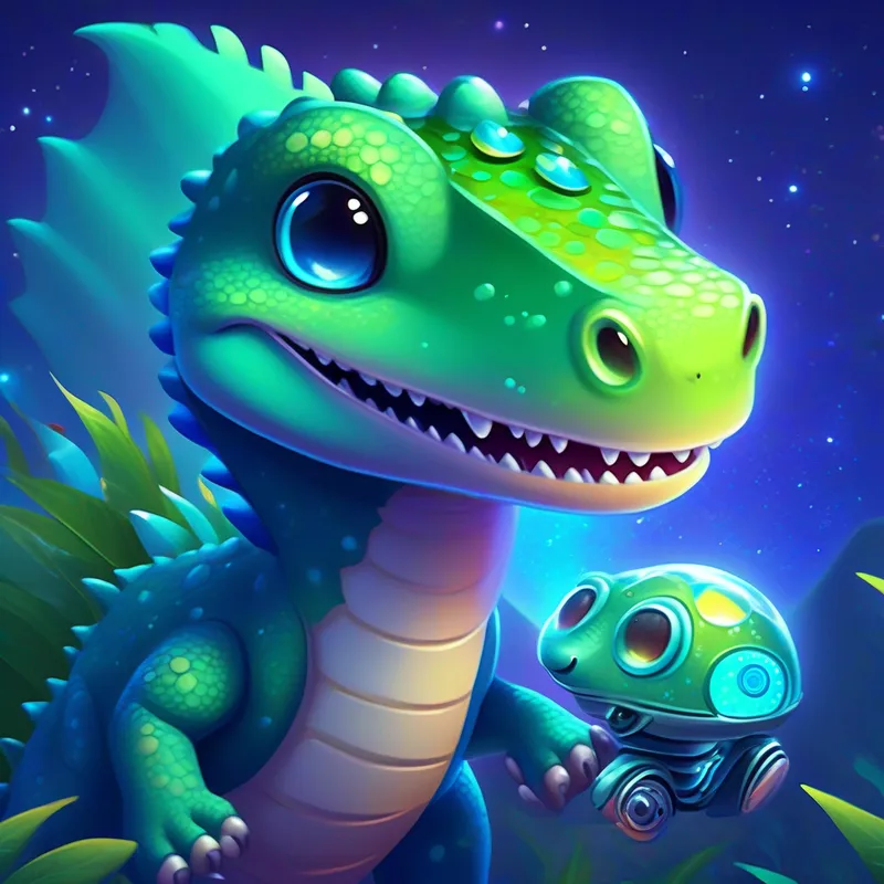 A friendly dinosaur with green scales and a contagious smile and A clever robotic mouse with silver metal and glowing blue eyes on Planet Stardust, magical colors, whimsical creatures