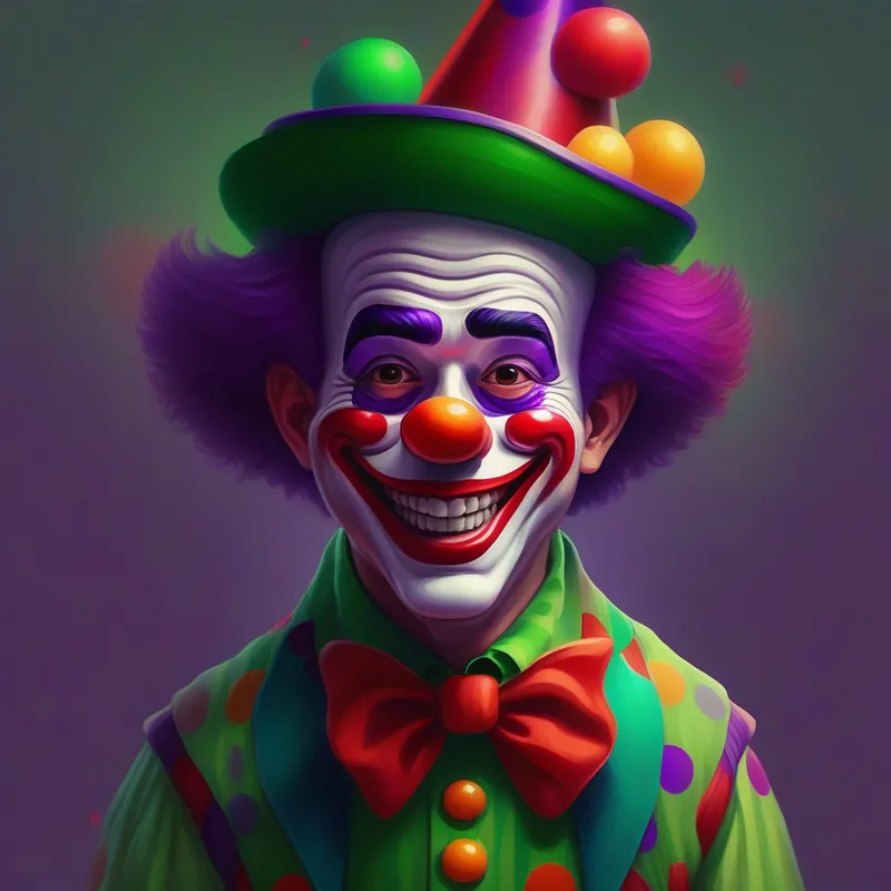 A clown named A clown with red shoes, a green shirt, and a purple hat with red, green, and purple clothes