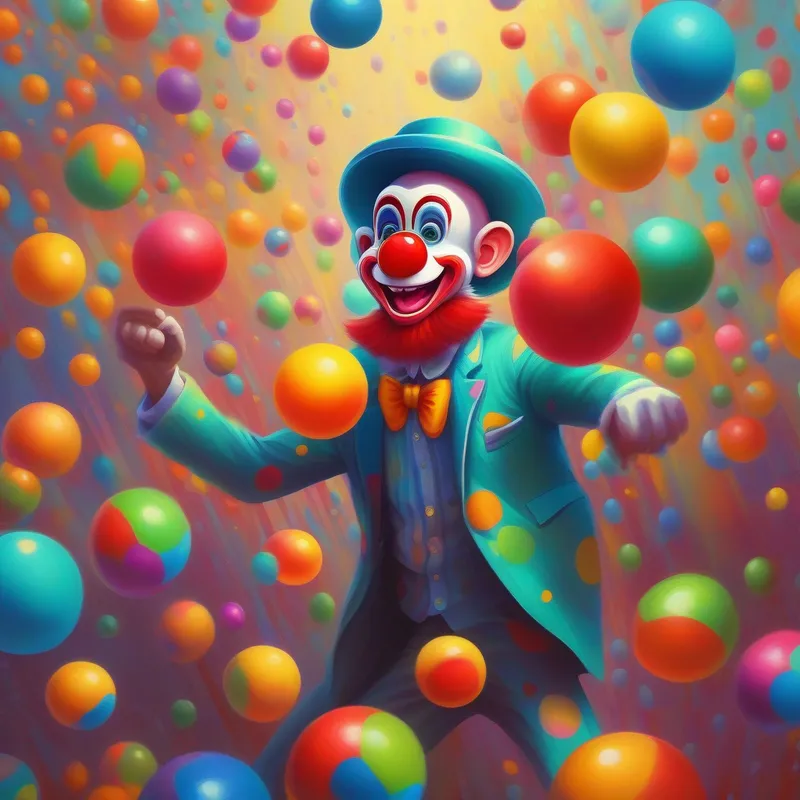 A funny clown juggling colorful balls and a mischievous monkey escaping