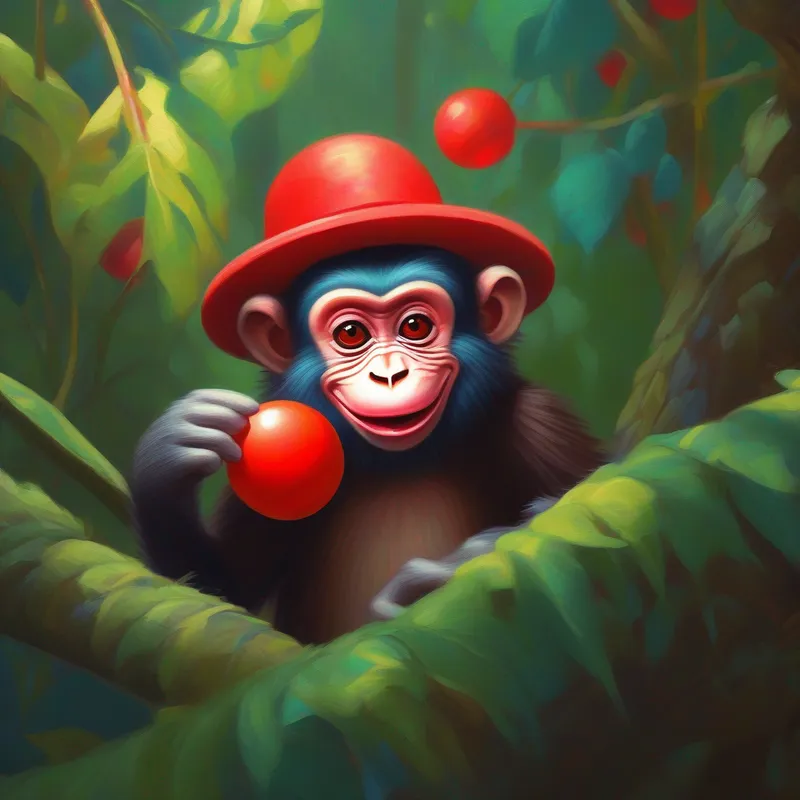 A mischievous monkey stealing a clown's red nose and hiding it