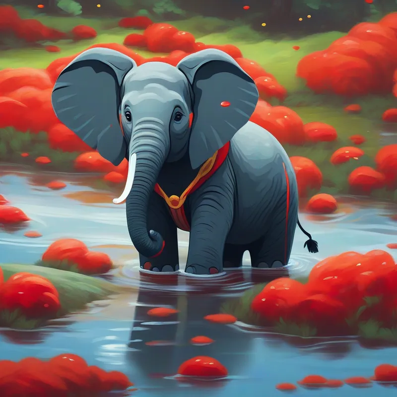 An elephant with a red nose floating in a puddle
