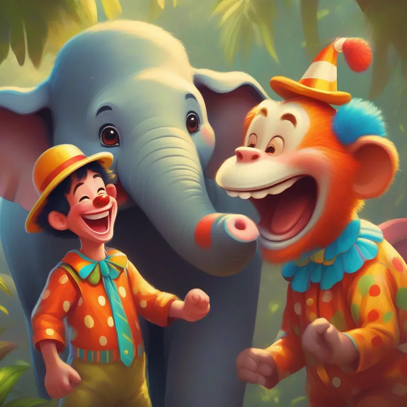 A clown, an elephant, and a monkey laughing together