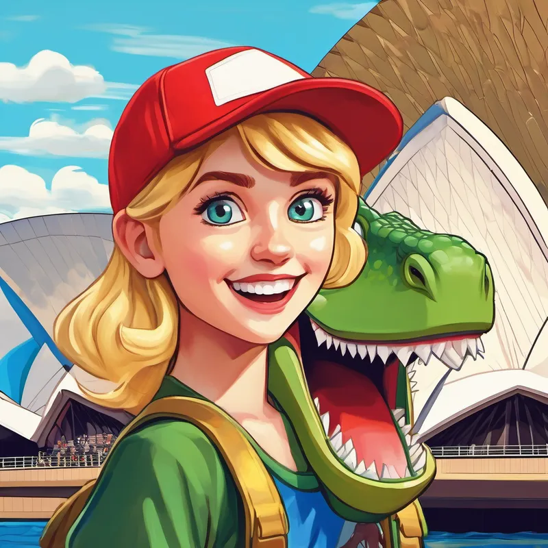 Blonde hair, blue eyes, wearing a red cap and Green dinosaur with sharp teeth and yellow eyes at the Sydney Opera House
