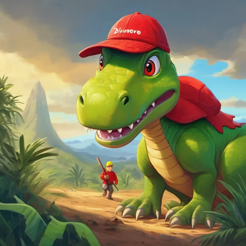 Blonde hair, blue eyes, wearing a red cap and Green dinosaur with sharp teeth and yellow eyes watching an aardvark dig