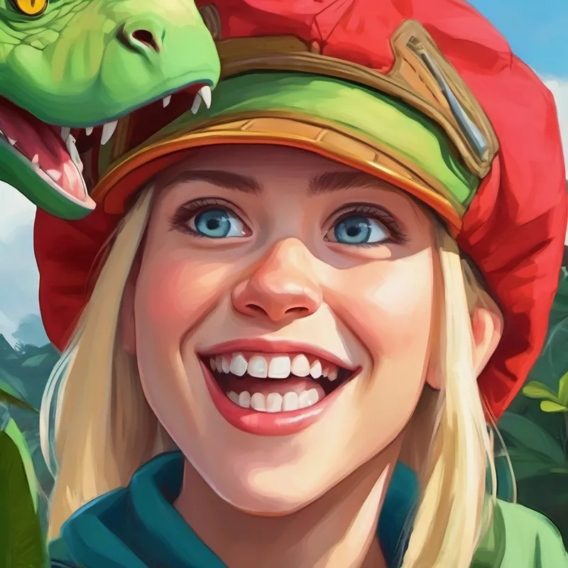 Blonde hair, blue eyes, wearing a red cap and Green dinosaur with sharp teeth and yellow eyes with a swinging baboon