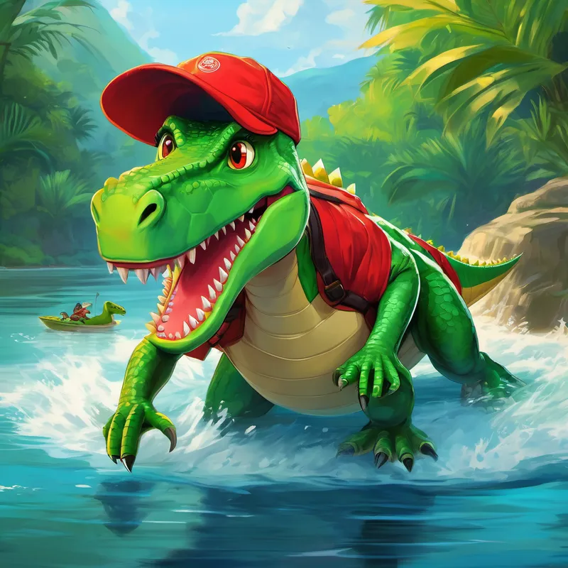 Blonde hair, blue eyes, wearing a red cap and Green dinosaur with sharp teeth and yellow eyes swimming with a crocodile