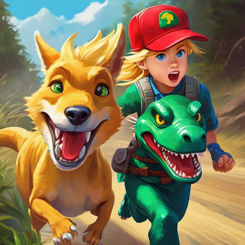Blonde hair, blue eyes, wearing a red cap and Green dinosaur with sharp teeth and yellow eyes chasing a running dingo