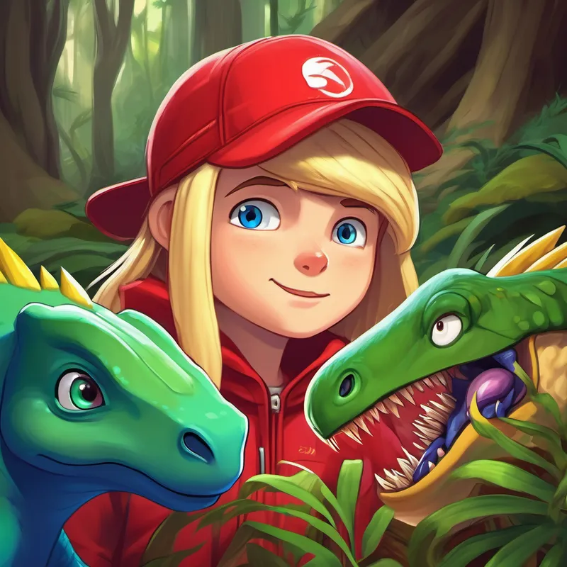 Blonde hair, blue eyes, wearing a red cap and Green dinosaur with sharp teeth and yellow eyes observing a curled up echidna