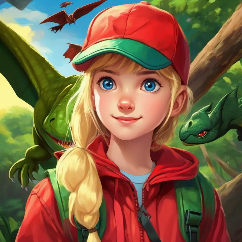 Blonde hair, blue eyes, wearing a red cap and Green dinosaur with sharp teeth and yellow eyes looking at a hanging flying fox