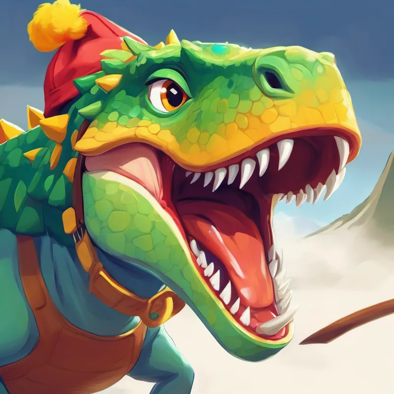 Blonde hair, blue eyes, wearing a red cap and Green dinosaur with sharp teeth and yellow eyes having fun with a gazelle