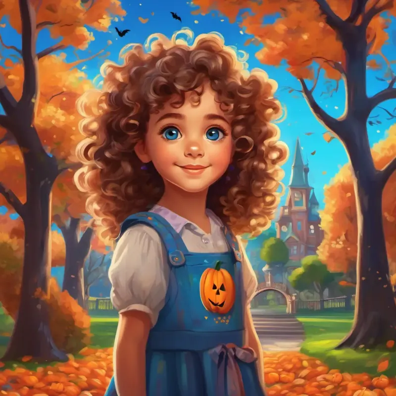 A sweet little girl named Sweet girl with curly hair and bright blue eyes, 10 words max, with long curly hair and bright blue eyes, standing by a colorful tree in a park.