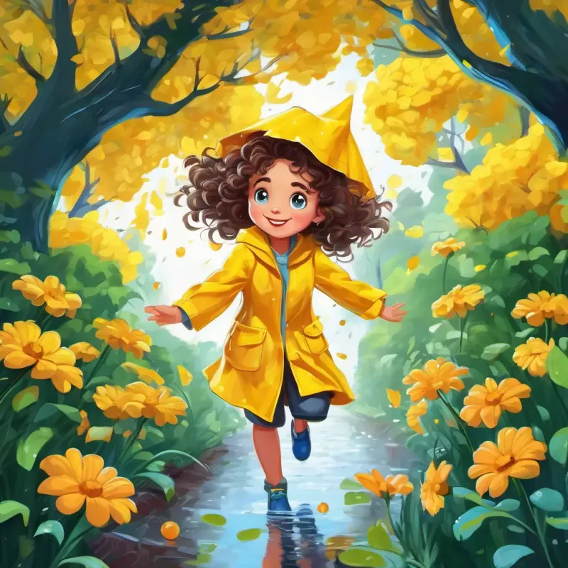 Sweet girl with curly hair and bright blue eyes, 10 words max with her yellow raincoat, jumping in a puddle near blooming flowers and green trees.