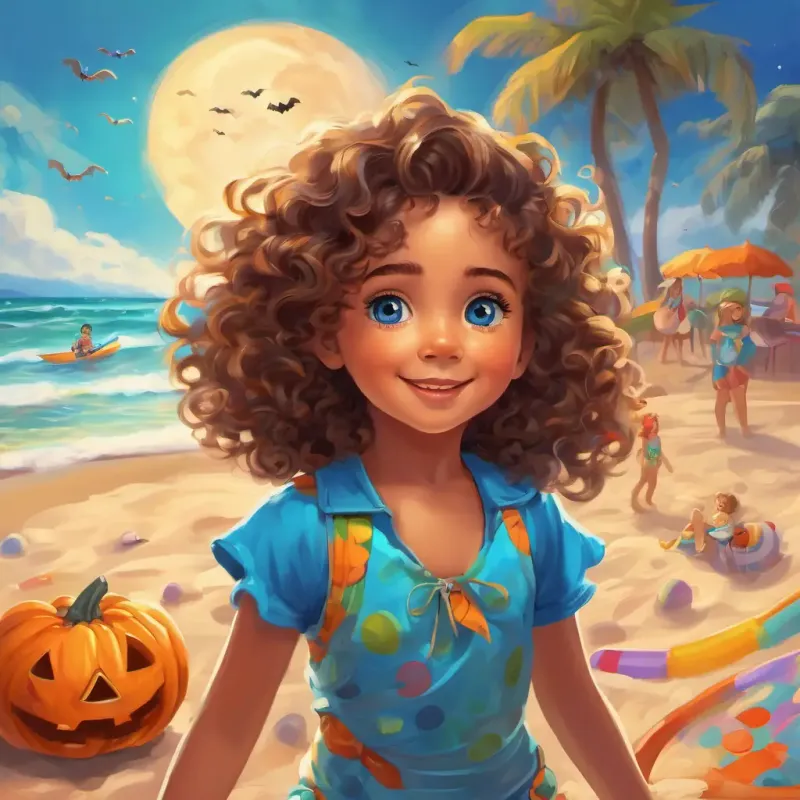 Sweet girl with curly hair and bright blue eyes, 10 words max at the beach, wearing a colorful swimsuit, playing in the sand and ocean with her family.