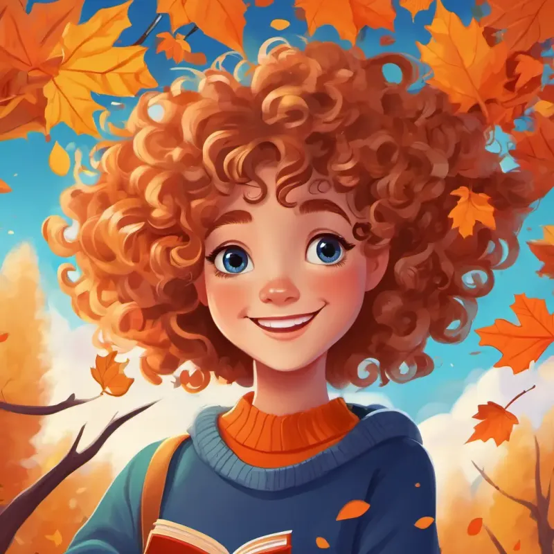 Sweet girl with curly hair and bright blue eyes, 10 words max in an orange sweater, holding a pile of colorful leaves while smiling, with trees showing autumn colors in the background.