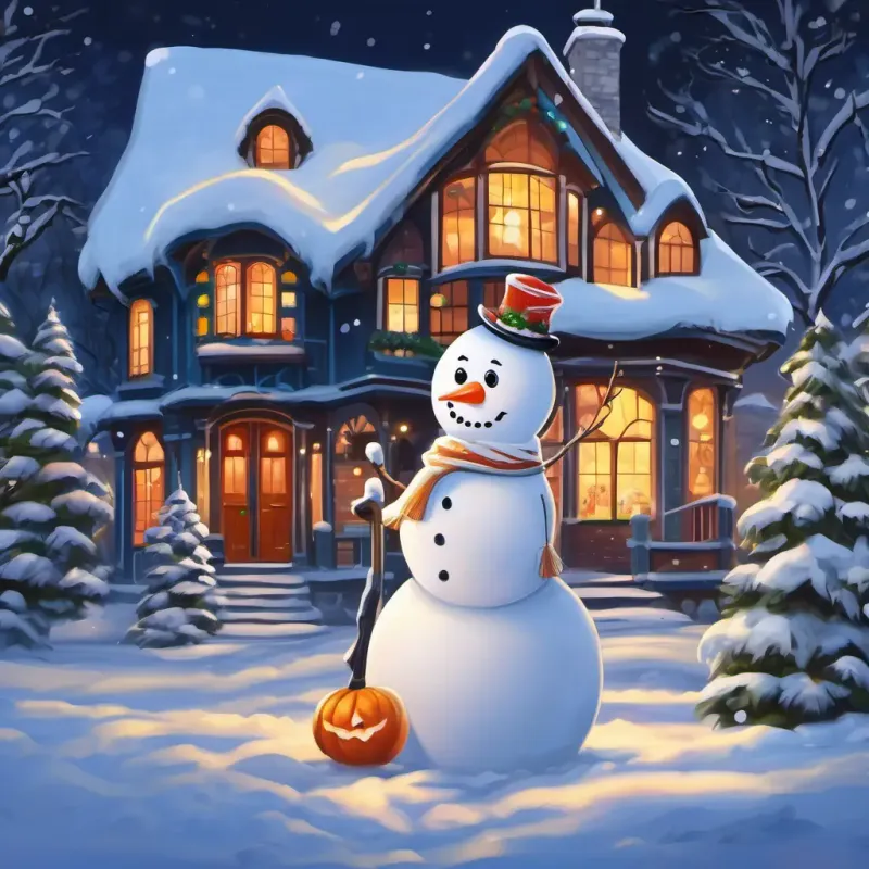 Sweet girl with curly hair and bright blue eyes, 10 words max in a white coat, making a snowman with a carrot nose, with snow-covered trees and a house decorated with Christmas lights in the background.