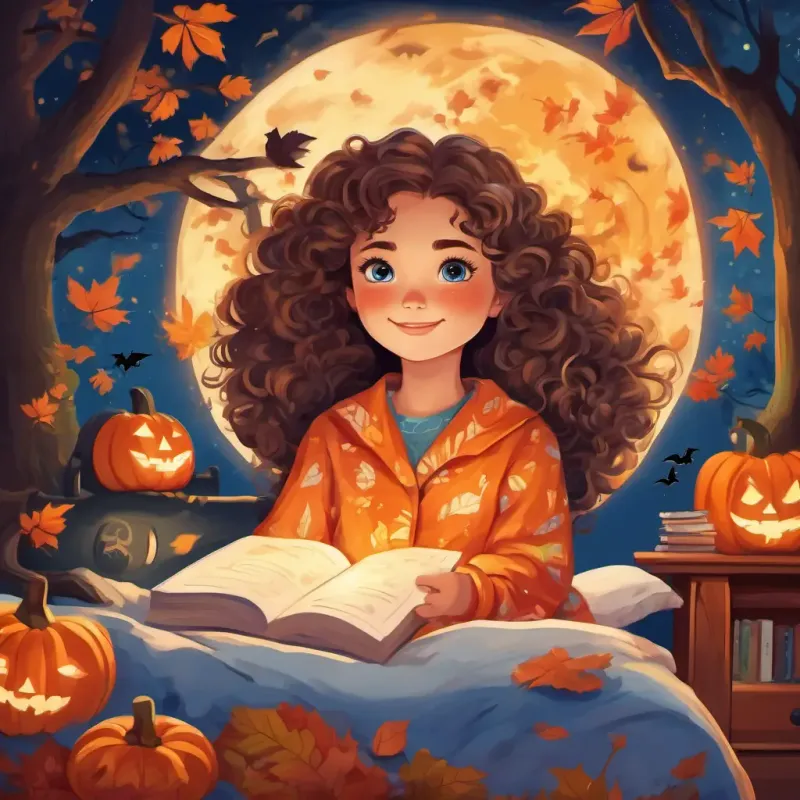 Sweet girl with curly hair and bright blue eyes, 10 words max in her cozy pajamas, lying in bed with a smile on her face, surrounded by illustrations of the four seasons.