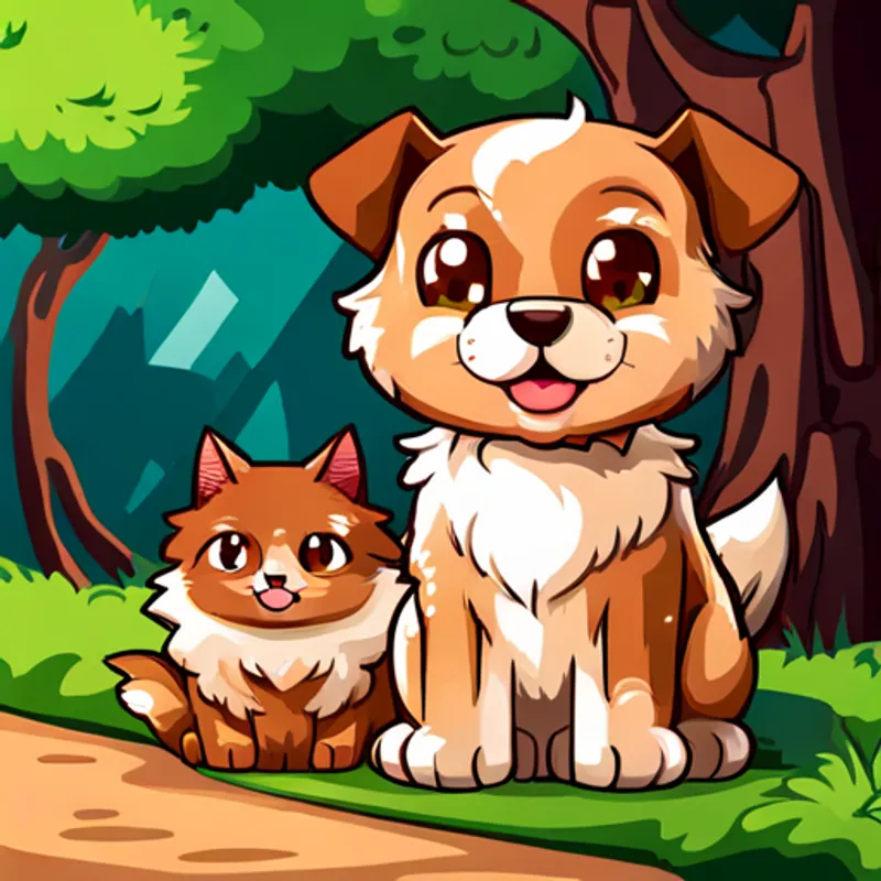 Gato e Cachorrinho marrom com manchas brancas e coleira vermelha. brincendo em um jardim ensolarado
