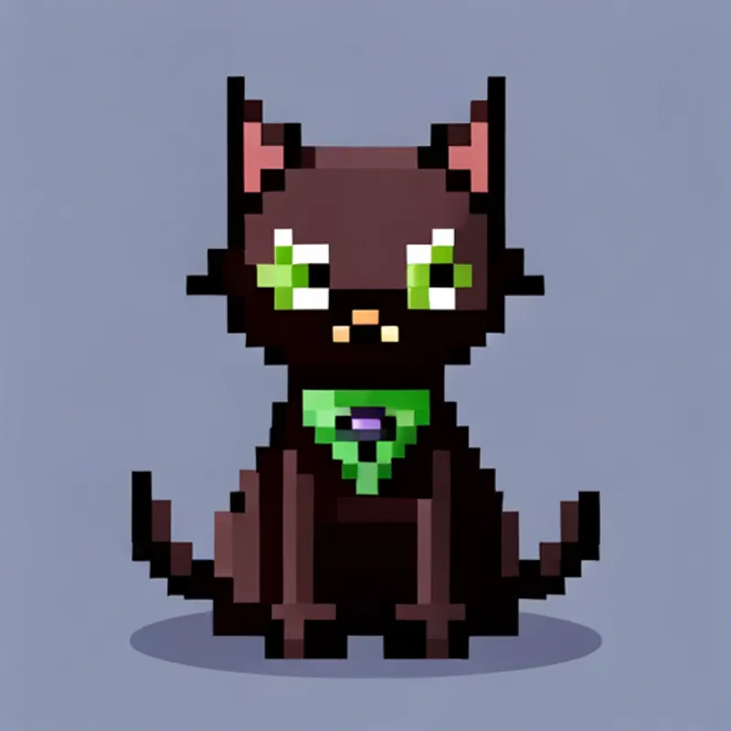 Gato preto com olhos verdes usando coleira roxa
