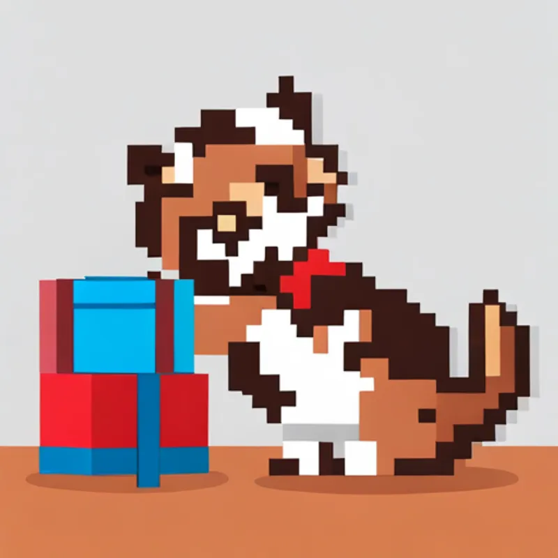 Gato entregando o brinquedo ao Cachorrinho marrom com manchas brancas e coleira vermelha. sorridente