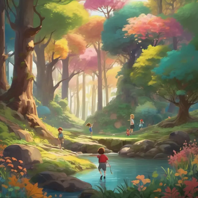 An enchanting forest with colorful trees and children playing joyously.