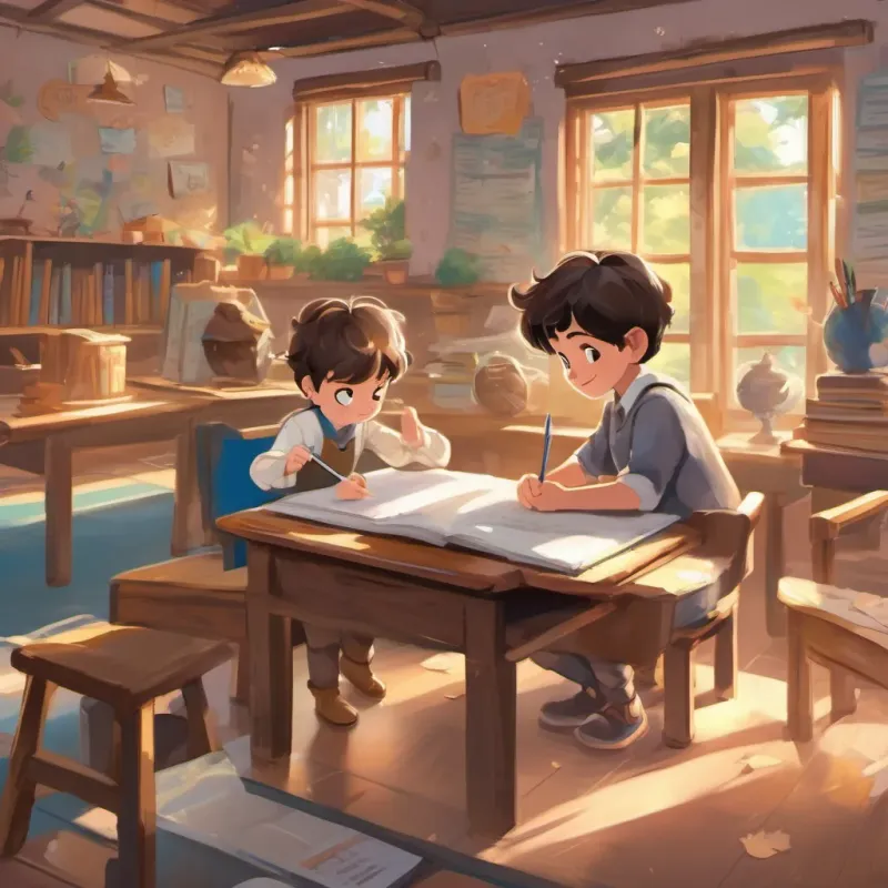 A classroom with a bright-eyed boy, A curious and playful boy with twinkling eyes and a mischievous grin, constantly exploring, writing a note with a mischievous grin.