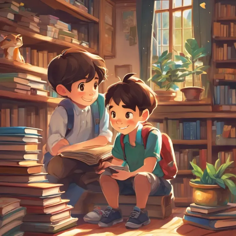 Two friends, A curious and playful boy with twinkling eyes and a mischievous grin, constantly exploring and A thoughtful boy with a cheeky smile, always ready for an adventure with his friend, joyously playing after school, books in hand.