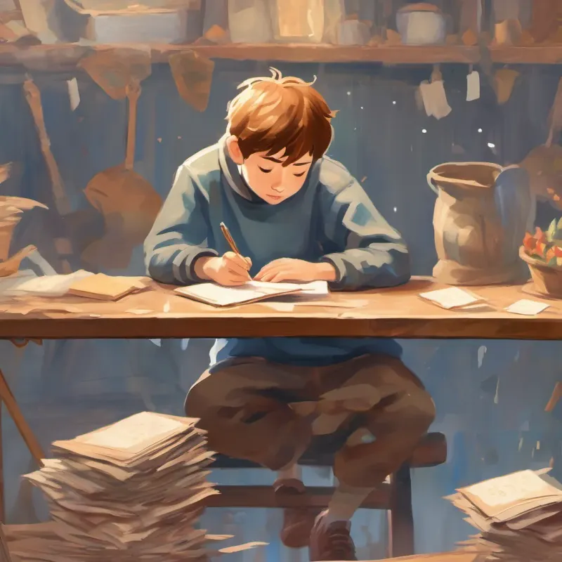 A boy reaching for a note that tears apart, with a dramatic expression.