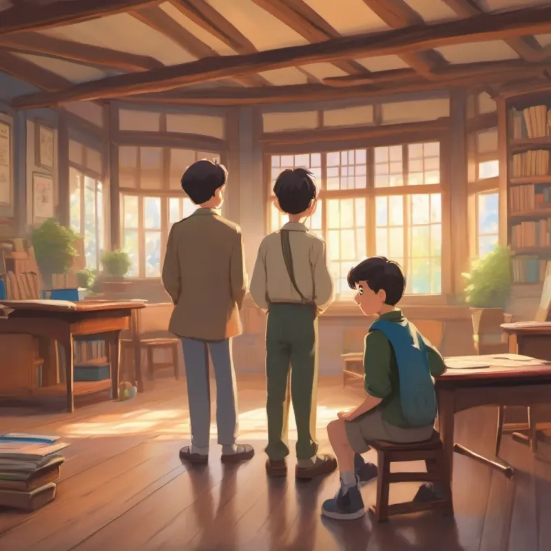 A teacher speaking with a demanding posture while two boys look on silently.