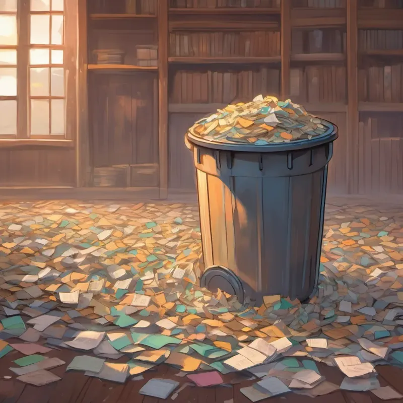 A trash bin filled with crumpled notes, each telling its own quiet story.
