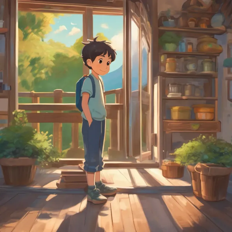 A contemplative boy reflecting on his actions with a smile of understanding.