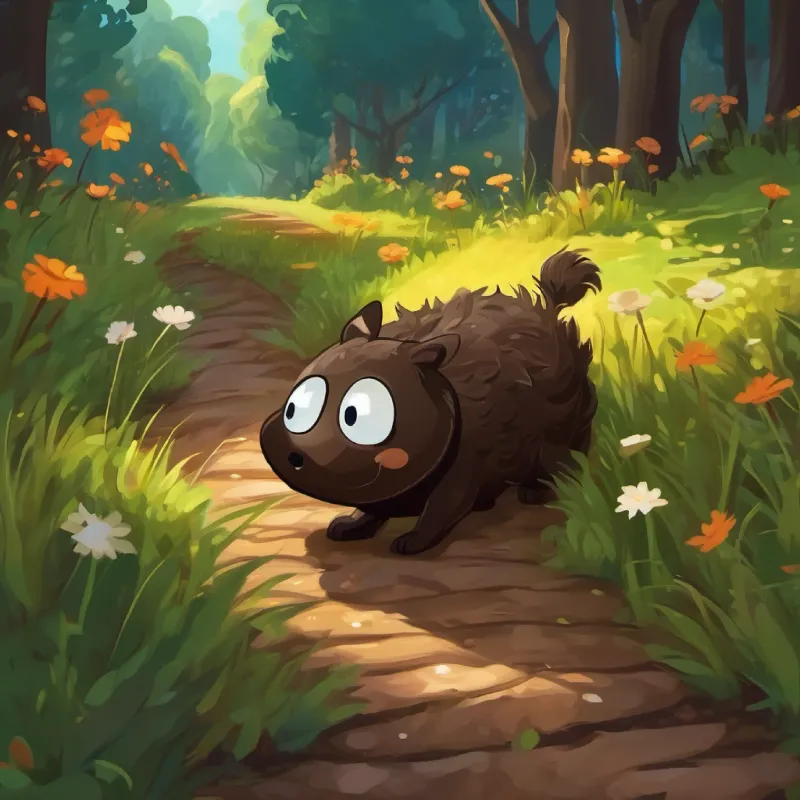 A playful patch of mud, dark brown with sparks of life in his eyes starts his adventure, rolling down the garden path.