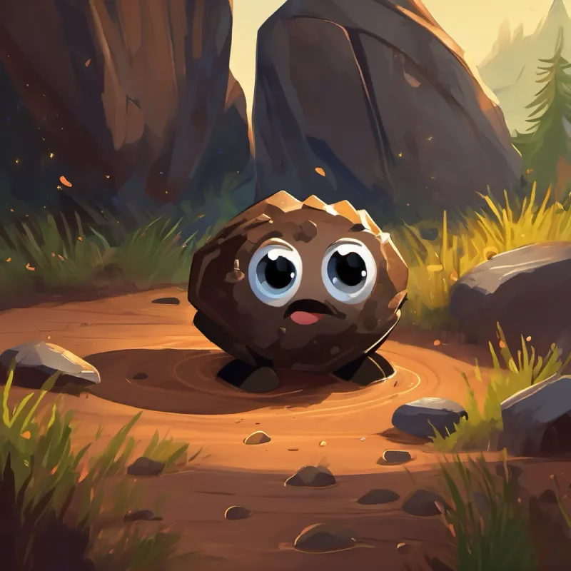 A playful patch of mud, dark brown with sparks of life in his eyes meets a grumpy rock and stays positive about his journey.