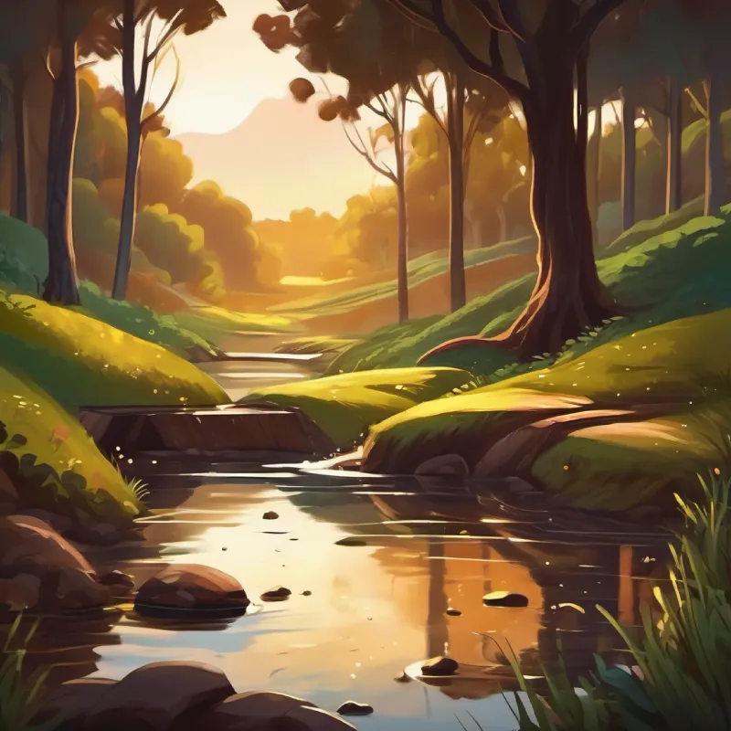 A playful patch of mud, dark brown with sparks of life in his eyes climbs a hill and spots a beautiful pond.