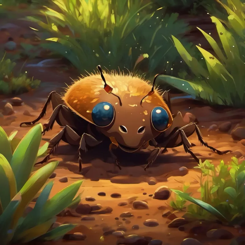 A playful patch of mud, dark brown with sparks of life in his eyes accidentally disturbs ants but helps them and makes friends.