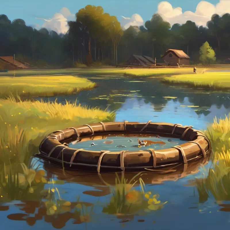 A playful patch of mud, dark brown with sparks of life in his eyes reaches the pond, gets a raft, and enjoys the water without dissolving.