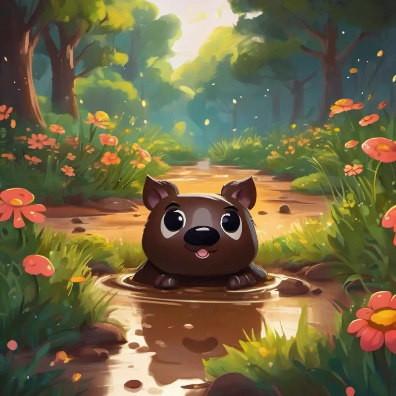 A playful patch of mud, dark brown with sparks of life in his eyes returns to his garden, happy with his adventure.
