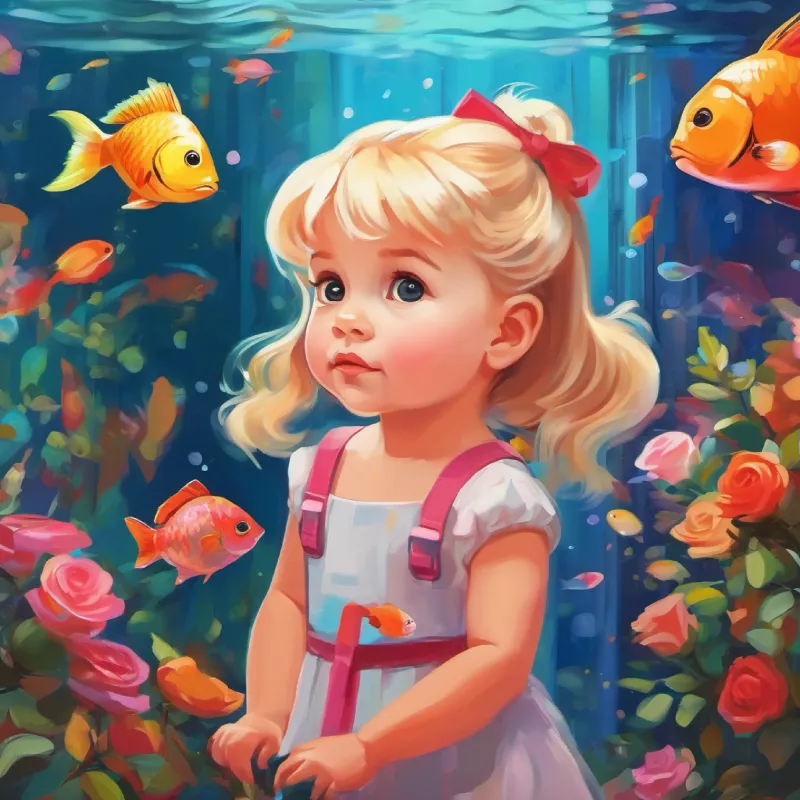 Eileen observes fish of various colors in the tank.
