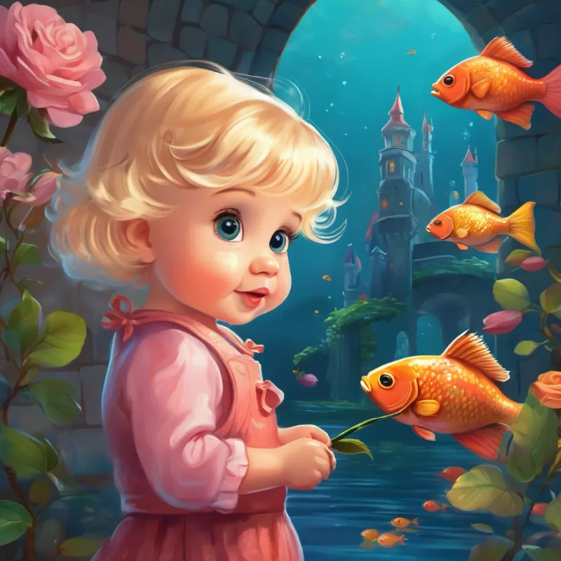 Eileen is curious about a fish swimming to a castle decoration.